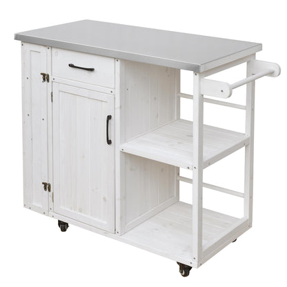 Outdoor Kitchen Island Cart with Stainless Steel Top, Rolling Grill Table with Storage Cabinet Drawer Shelves and Towel Rack, Wooden BBQ Prep Station with Lockable Wheels for Patio Backyard, White