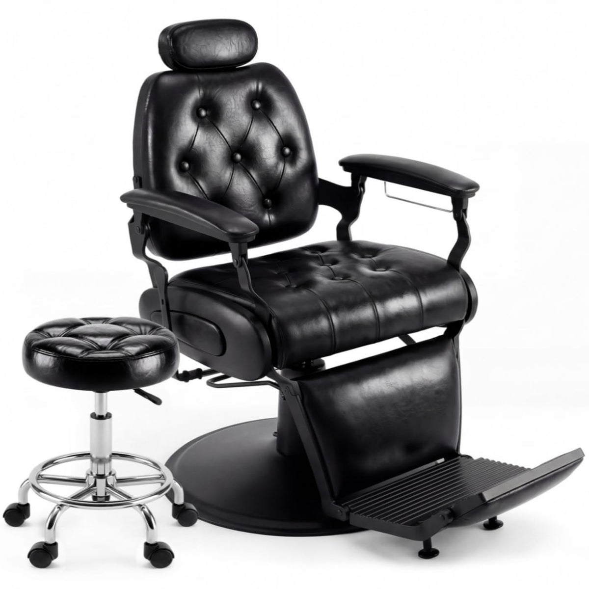 Oakvera Barber Chair with Stool, Heavy Duty Vintage Recline Hydraulic Barber Chair with Towel Bar, 360° Swivel All Purpose Professional Salon Chair Barber Shop Beauty Salon Shampoo Equipment, Black