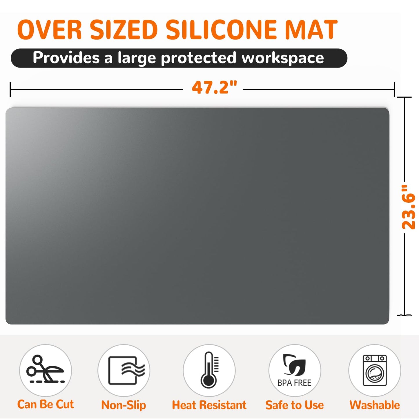 Warome Silicone Mat, 47"x 23" Silicone Mats for Kitchen Counter, Nonslip Heat Resistant Mat, Extra Large Kitchen Counter Mat, Countertop Protector for Craft, No Creases-Gray