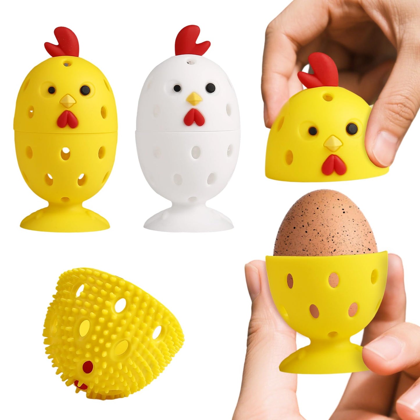 wonlex 4PCS Egg Brush Cleaner Multipurpose Fruit and Vegetable Rotating Scrubber Tool for Fresh Eggs, Reusable Chicken Duck Egg Washer Scrubber (White+Yellow)