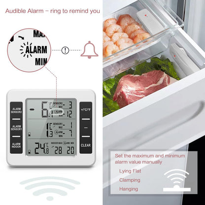 Refrigerator Thermometer - LCD Digital Temperature Meter with Audible Alarm and Max/Min Record Function