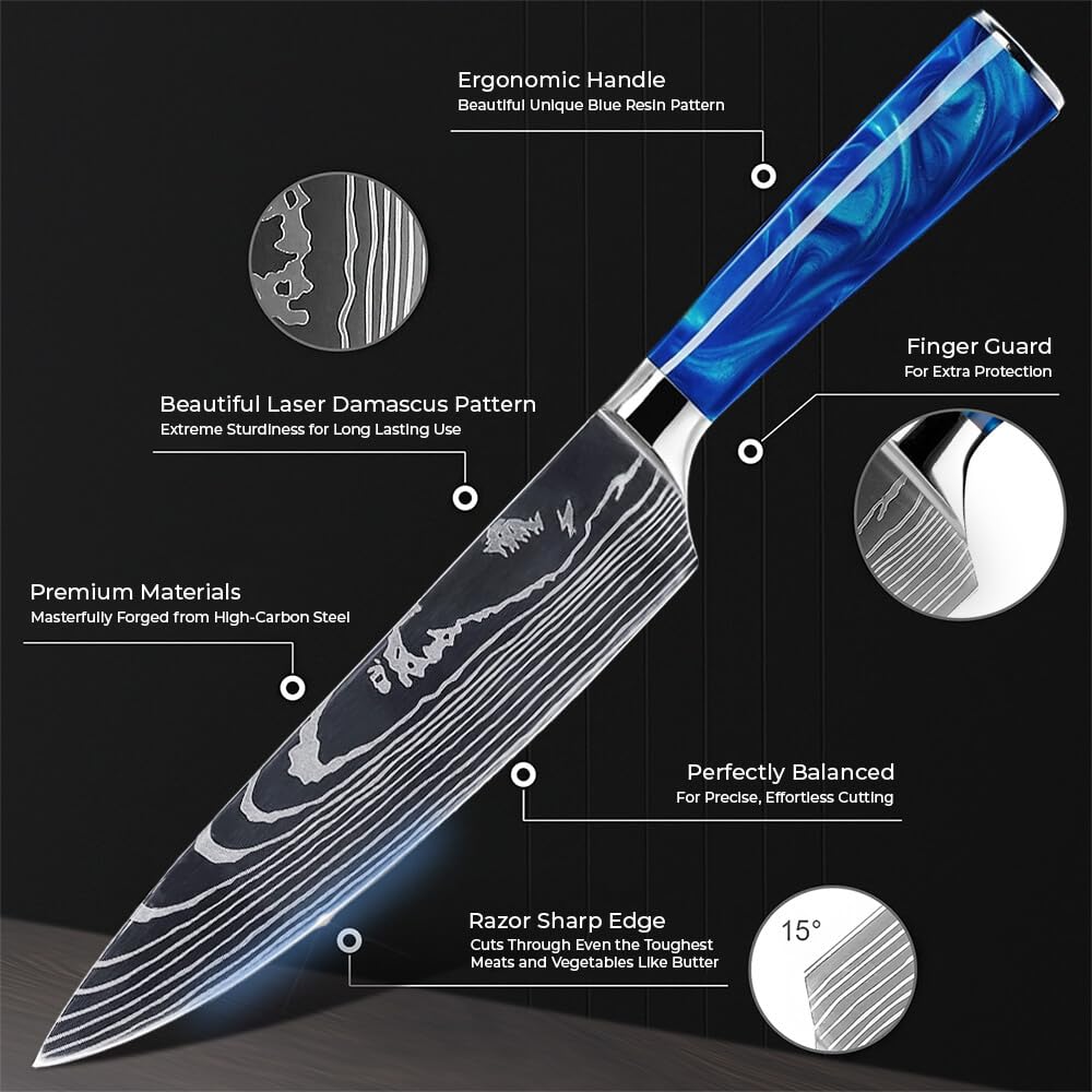SENKEN 16-Piece Kitchen Knife Block Set - Japanese Chef's Knife Set with Laser Damascus Pattern, Includes 6 Steak Knives and Smoothly Finished Acacia Hardwood Knife Block (Blue Resin Handles)