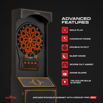 Arachnid Cricket Pro 650 Standing Electronic Dartboard with 24 Games, 132 Variations, and 6 Soft-Tip Darts Included, Brown,E650FS-BK3