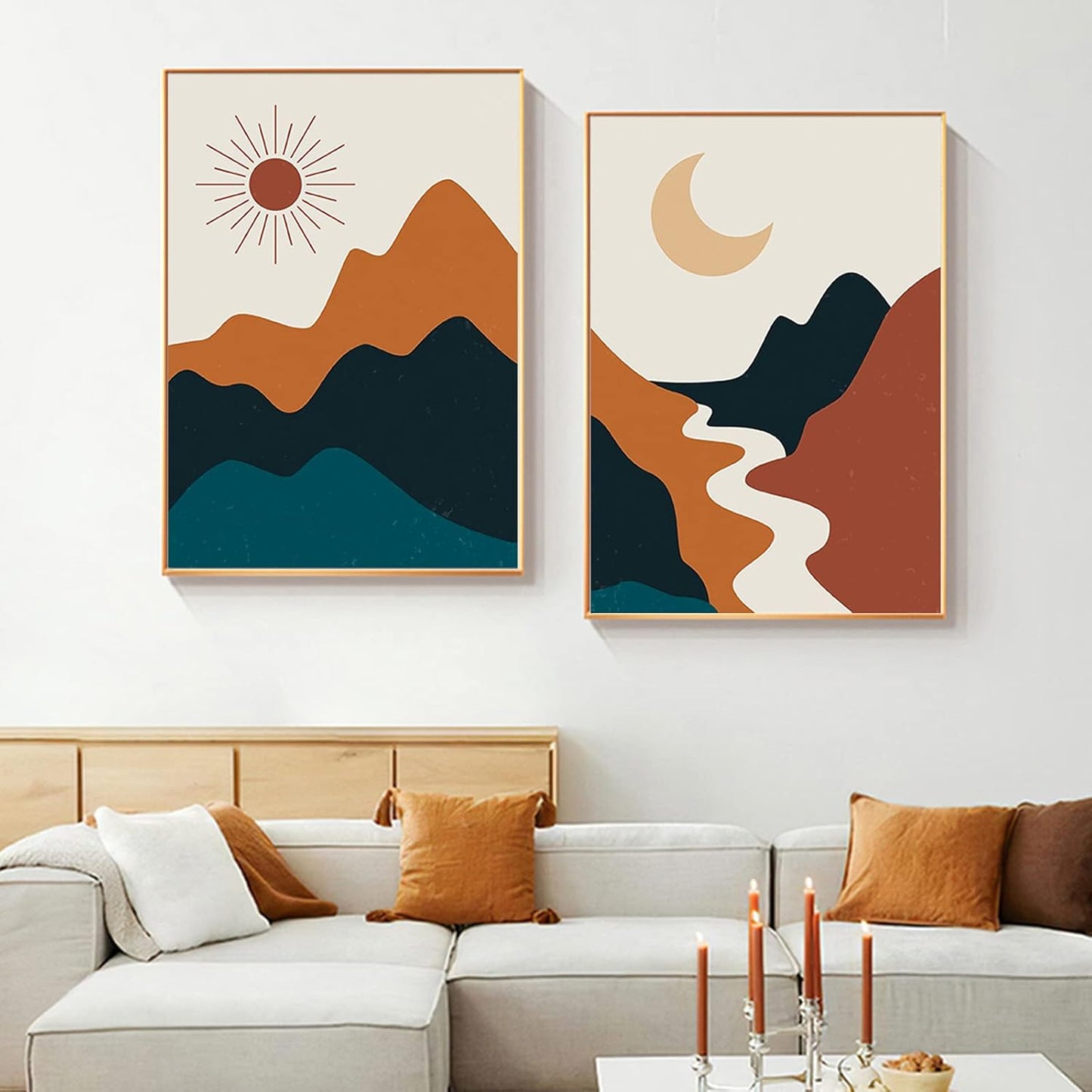 Bankrenart Boho Wall Art, Mid Century Abstract Sun and Moon River Landscape, Unframed Canvas Print for Living Room