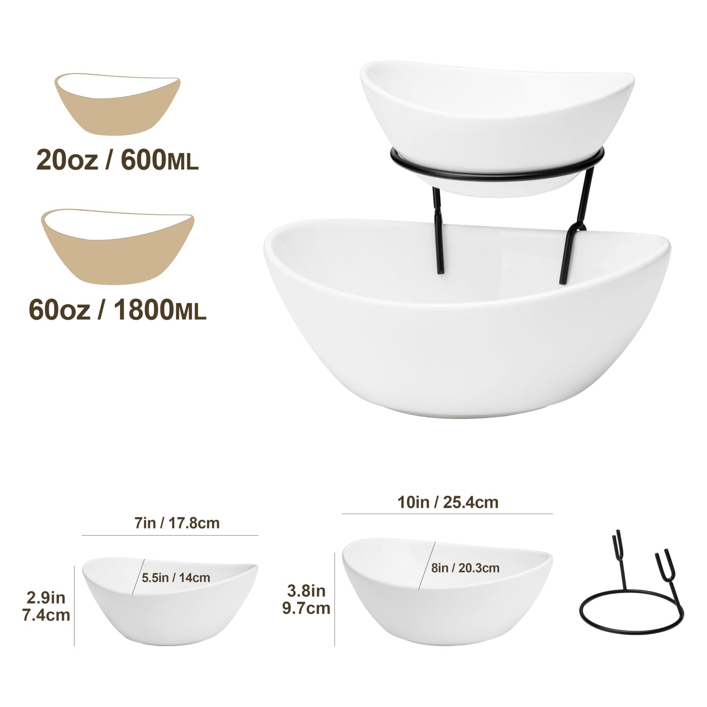 MALACASA 2 Tier Chip and Dip Serving Set with Metal Stand,Ceramic Appetizer Bowls for Party, Multi-Use Food Display for Fruits, Snacks,White Elegant Tiered Serving Dishes for Party