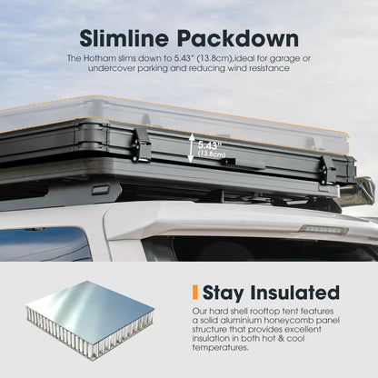 Sanhima Rooftop Tent Hard Shell - Hotham Overland Aluminium Roof Top Tent w/Larger Space, LED Strip Light & Skyview Window, 2” Thick Mattress, for Car SUV Truck Camping, 2-3 People, Gray