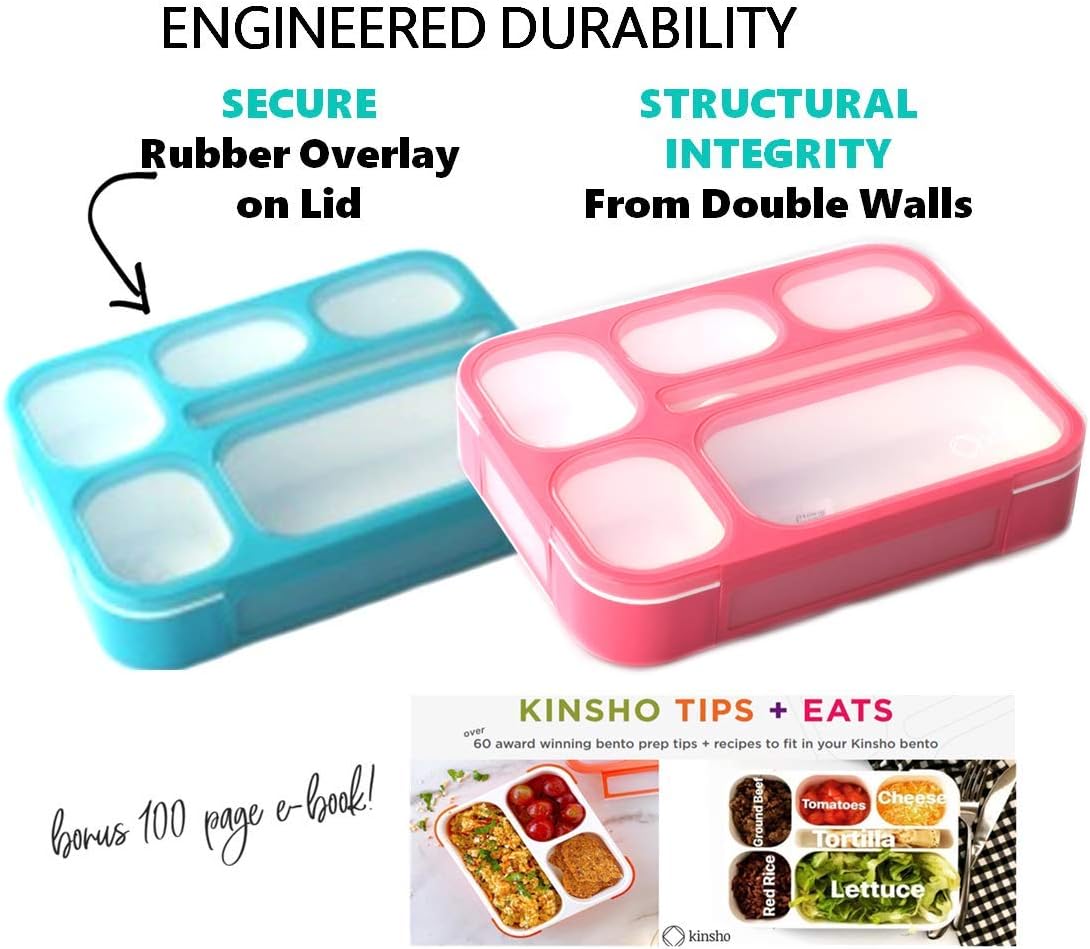 Bento Lunch Box for Kids & Adults, Leakproof Containers with 6 Compartments, BPA-Free Utensils, Blue & Pink Set