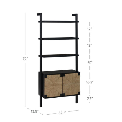 Nathan James Beacon 3-Shelf Bookcase with Seagrass Cabinet, Solid Wood Boho Bookshelf with Storage with Solid Wood Frame, Seagrass/Black, Set of 2
