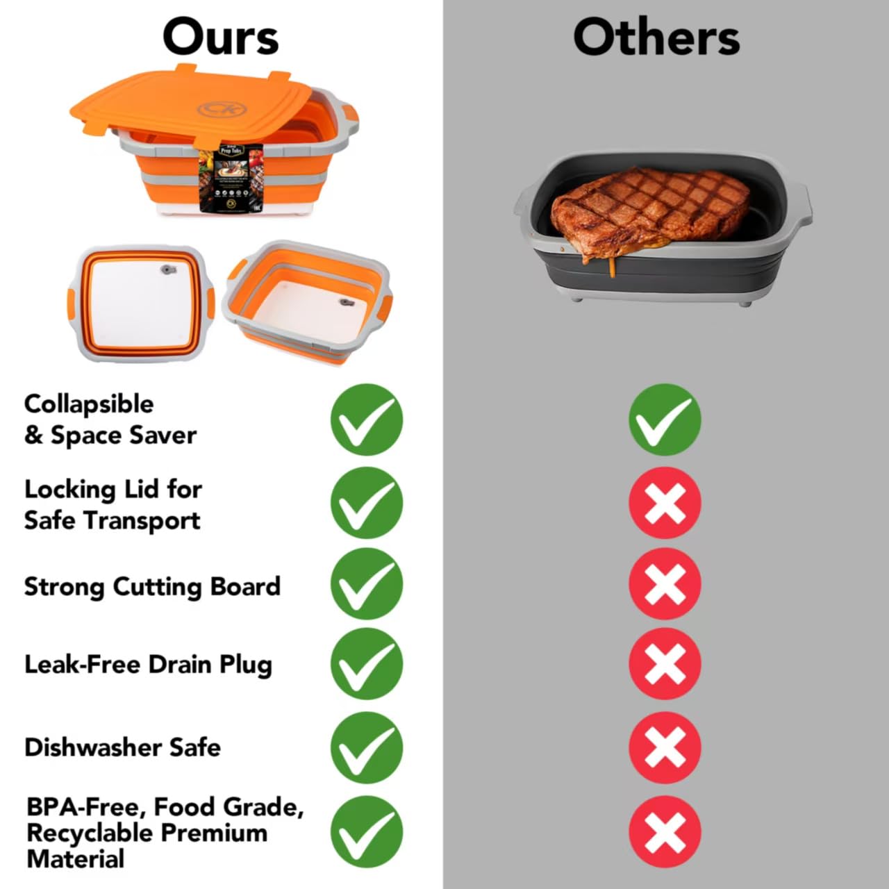 CK GOLD Collapsible BBQ Prep Tub XL with Locking Lid & Drain Hole | Meat Marinating Container with Cutting Board | BPA-Free Food-Grade Prep Tubs for Grilling, Camping & Outdoor Cooking (Orange, 16 L)