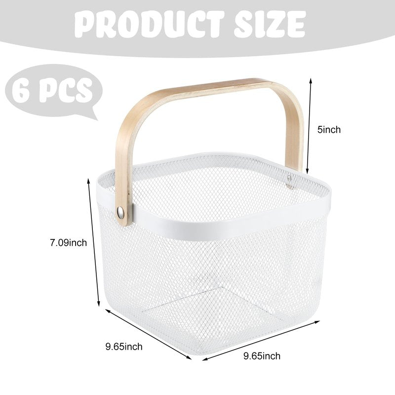 Roshtia White Metal Wire Storage Basket with Wooden Handle 9.65 x 9.65 x 7.09 Inch, Decorative Gift Basket for Wedding, Nurse Appreciation Week, Bathroom Kitchen Organizer, Farmhouse Storage Bin