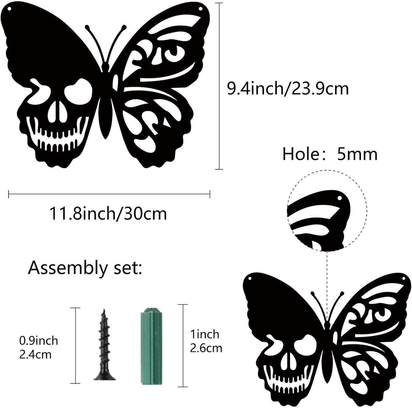 CREATCABIN Skull Butterfly Metal Wall Art Decor, Black Iron Sculpture for Indoor Outdoor Home Decoration