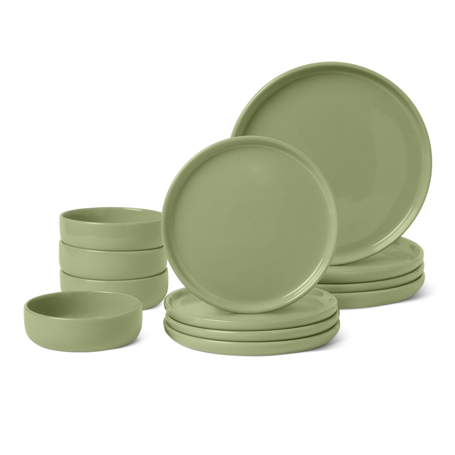 Amazon Basics Glazed Stoneware Dinnerware, 12-Piece Set, 4 Full Place Settings, Microwave and Dishwasher-Safe, Olive