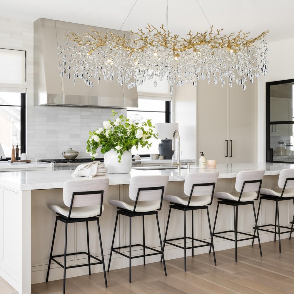 TMAFON Modern Gold Crystal Chandeliers Chandeliers - L63 inch Rectangular Golden Tree Branches Ceiling Pendant Light Fixtures, Luxury K9 Raindrop for Dining Room