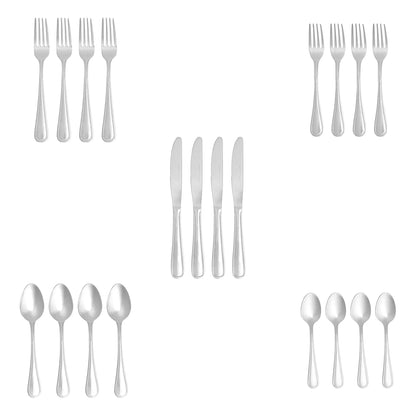 Amazon Basics Silverware Set, Stainless Steel Flatware, Dishwasher Safe, Service for 4, 20-Piece Forks and Spoons, Crown Edge, Everyday Use