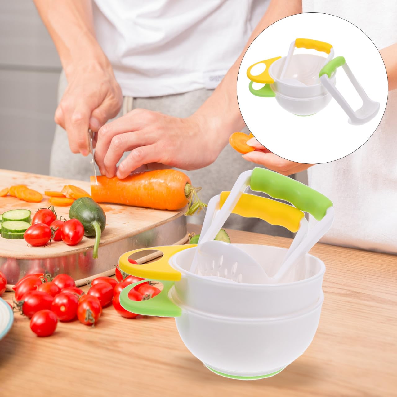Baby Food Masher 2 Sets Mashing Bowl with Handle Masher, Manual Baby Food Grinder Bowl Set (Green, Yellow)