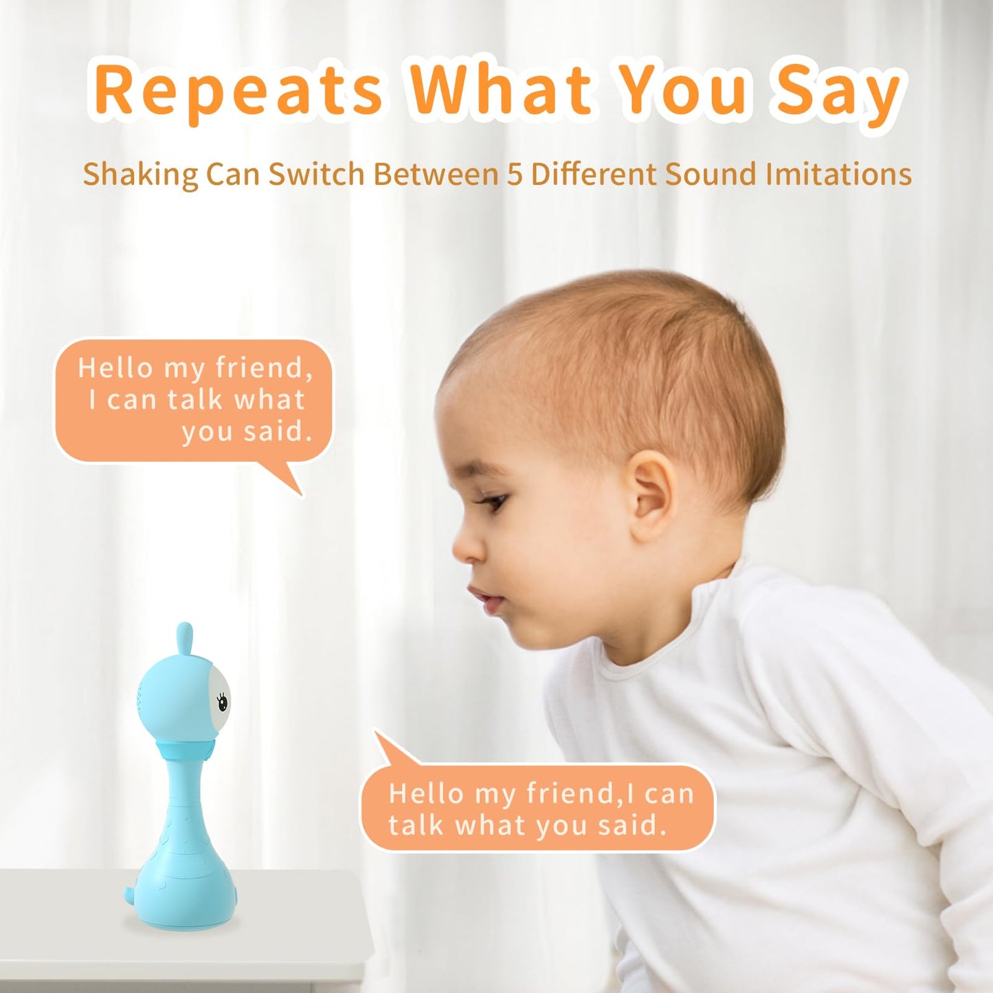 alilo Yoyo Talking Bunny Baby Singing Musical Rattle, Mimicking Toys Repeats What You Say, Preloaded 90+ Audio Content, ABC/Number/Notes Learning Toys for Toddlers Infant Newborn Boy Girl Gifts