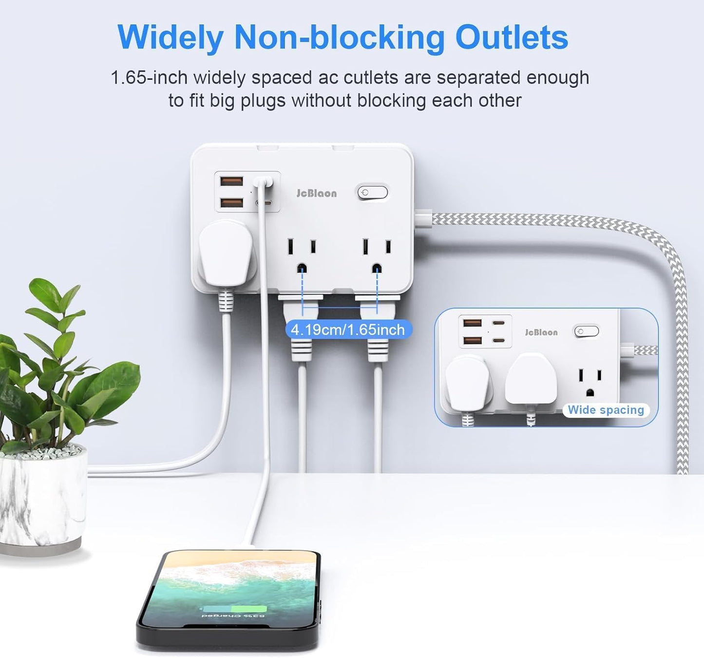 Flat Plug Power Strip Surge Protector, 5ft Ultra Thin Extension Cord with 4 USB Wall Charger(2 USB C Port), 6 Widely-Spaced Outlets Power Strip Compact for Travel, Office, Dorm Room Essentials (White)