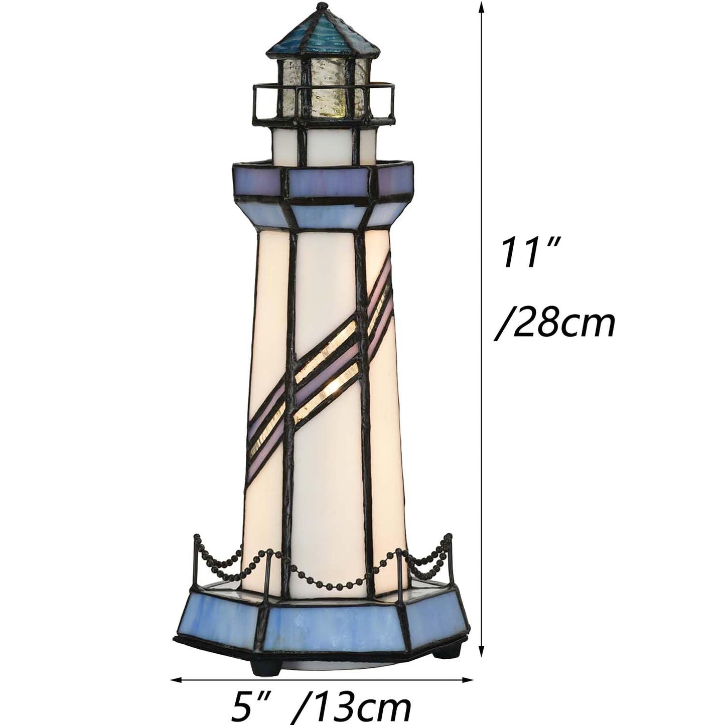 Bieye L10776 Lighthouse Tiffany Style Stained Glass Accent Table Lamp Night Light for Home Decoration (5x5x11, Blue)