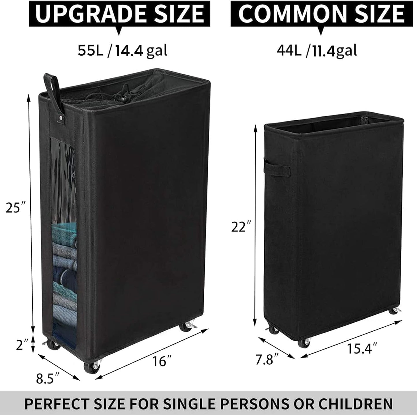 ZERO JET LAG 25 Inches Slim Laundry Storage Hamper, Large Rolling Bin, Clear Window, Black