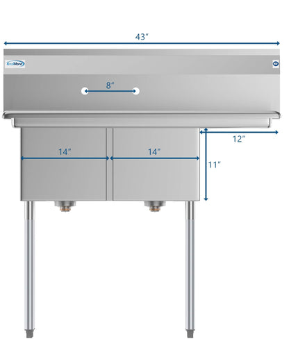 KoolMore 2 Compartment Stainless Steel NSF Commercial Kitchen Prep & Utility Sink with Drainboard - Bowl Size 14" x 16" x 11", Silver