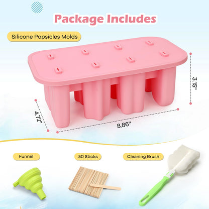 Firstfooby Popsicles Molds, 8-Cavity Silicone Popsicle Molds with 50 Sticks, BPA-Free Ice Pop Mold Popsicle Maker with Funnel & Cleaning Brush for Kids Adult Teens