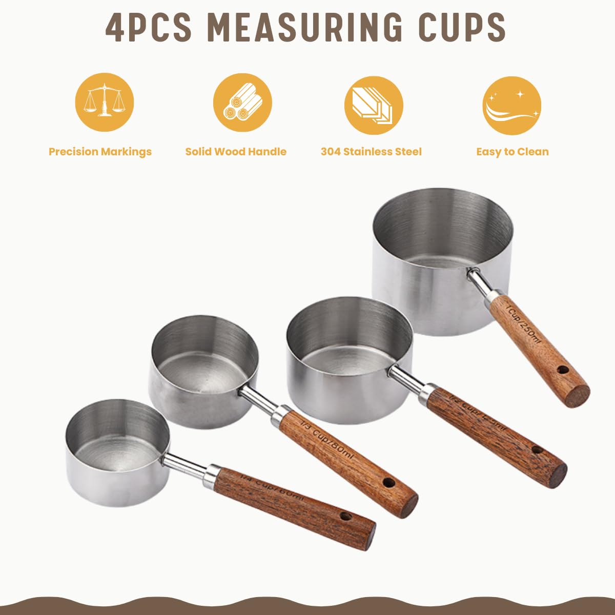 Measuring Cups and Spoons Set with Wooden Handle, 8 Pieces Stainless Steel Measuring Spoon and Cup with US Measurements for Baking and Cooking Sliver