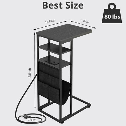 28"(H) 3-Tier C Shaped End Table with Charging Station, C Table with Storage Bag, Under Couch Table C-Shaped End Table