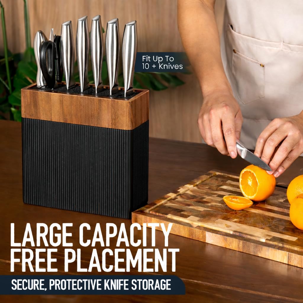BRVSTVN Modern Universal Knife Block Without Knives – Acacia Wood Knife Holder Stand with Bristles for Easy Knife Organization & Storage for Kitchen Counter | Cutlery Display