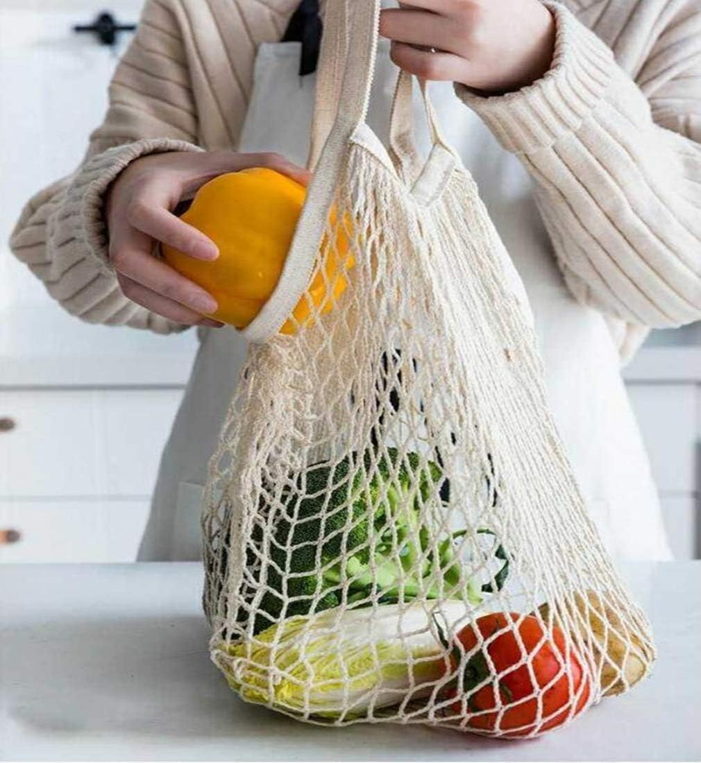 4 Pack Portable Reusable Grocery Bags - Washable Cotton Mesh String, Organic Shopping Handbag, Long Handle Net Tote