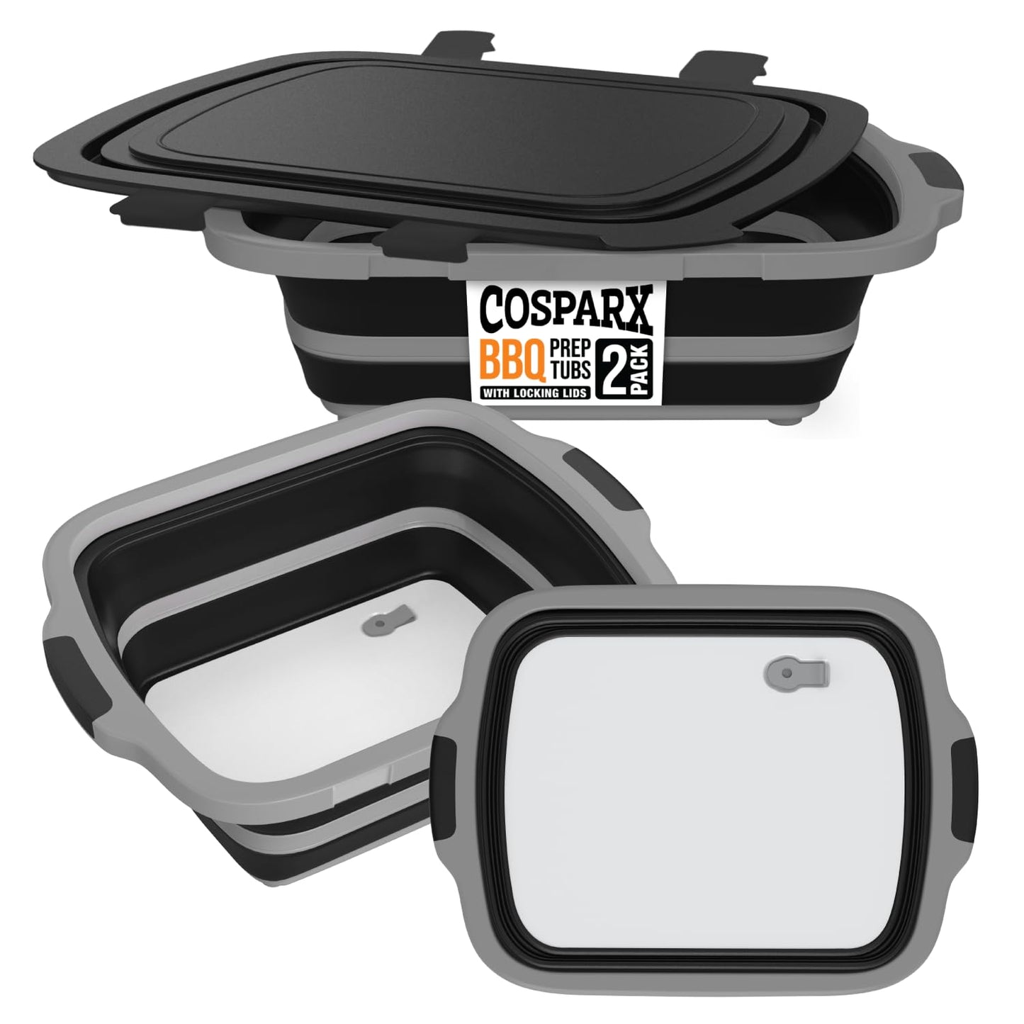 2-Pack XL Collapsible BBQ Prep Tub with Built-In Cutting Board, Lid & Strainer – Marinate, Drain & Prep – Large Food-Safe Container – Perfect for Grilling, Smoking & Outdoor Cooking (Black)