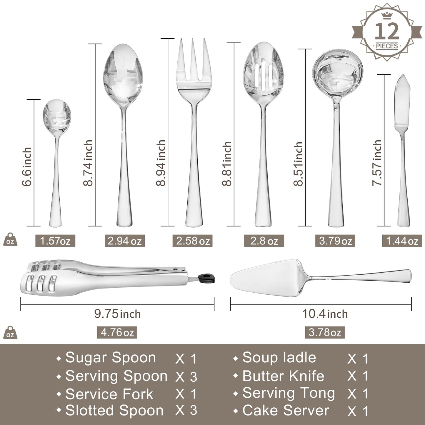 KINGSTONE 12 Piece Serving Utensils Set, 18/10 Stainless Steel Serving Utensils, Slotted Spoon, Fork, Tong, Soup Ladle, Cake Server, Butter Knife and Sugar Spoon for Buffet, Parties, Kitchen