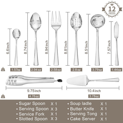 KINGSTONE 12 Piece Serving Utensils Set, 18/10 Stainless Steel Serving Utensils, Slotted Spoon, Fork, Tong, Soup Ladle, Cake Server, Butter Knife and Sugar Spoon for Buffet, Parties, Kitchen