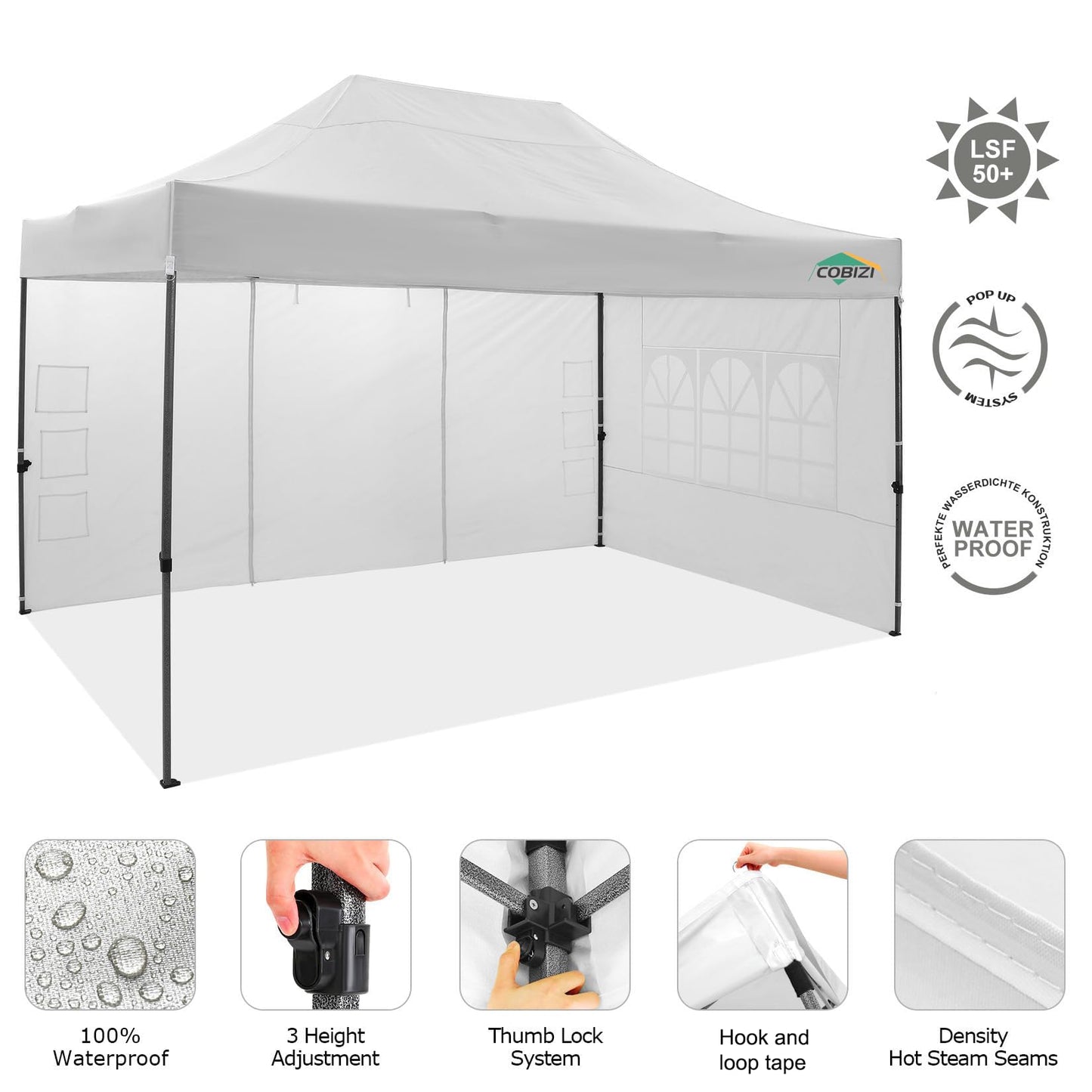 COBIZI 10x15 Pop up Canopy Tent 10x15 Canopy with 4 Sidewalls Waterproof Heavy Duty Commercial for Parties Outdoor Garden Gazebo Tent, Carry Bag(10x15ft, White)