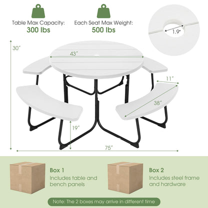 Giantex Picnic Table Set for Up to 8 Persons, Round Outdoor Table and Bench Set with Umbrella Hole, HDPE Top & Metal Frame, 2000LBS Capacity, Patio Table Bench for Deck Backyard Garden (White)