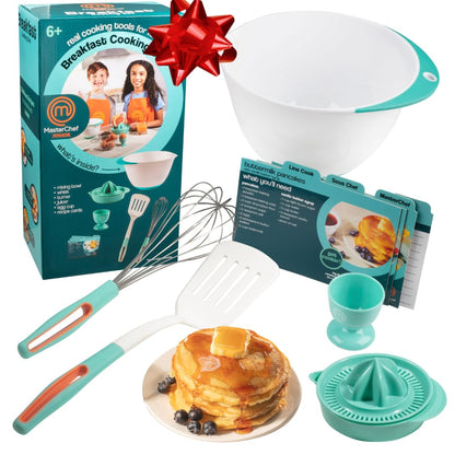 MasterChef Junior Breakfast Cooking Set- 6 Pc Kit w Real Cooking Tools for Kids & Recipes- Includes Spatula, Mixing Bowl, Whisk, Egg Cup, Juicer- Make Pancakes, Crepes & More- Fun Breakfast Essentials