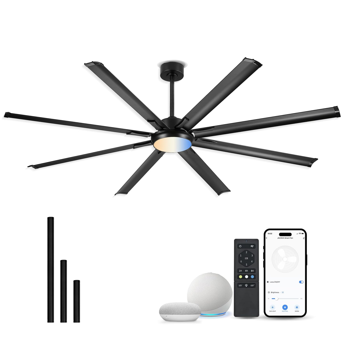 JAZAVA 84 Inch Industrial Ceiling Fan with Light, Large Ceiling Fan with 8 Aluminum Blades, Works with Alexa, 6-Speed Reversible DC Motor, 3 CCT Settings, Ideal for Covered Outdoor Spaces, CF04BK-84