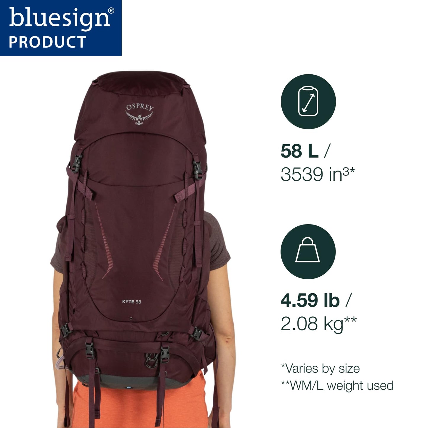 Osprey Kyte 58L Women's Backpacking Backpack with Hipbelt, Black, WM/L