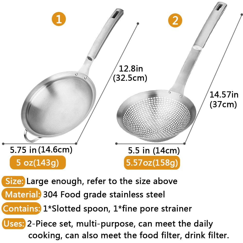 Fine Mesh Stainless Steel Metal With HoleSieve Food Strainer Grease Spider Skimmer And With Handle Large Holes Slotted Colander Frying Spoon Set,Handheld For Kitchen Cooking And Filter Food Residues