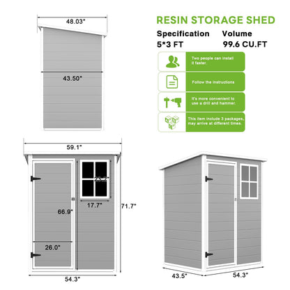 AIRAJ 5x3 FT Outdoor Storage Shed,Resin Storage Shed with Floor/Window/Vent/Roof Rainwater Drainage/Lockable Door,All-Weather Plastic Garden Sheds,for Yard,Garden,Poolside,Lawn Mower,Seasonal Items