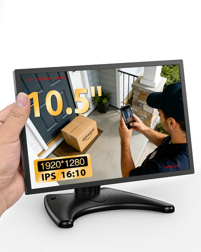Small Security Monitor for Camera Mini PC: Metal Case,10.5 inch 16:10 1920×1280, HDMI & VGA Port,Dual Speakers,High Brightness,with Moon Stand,for Office,Bedroom,Retro Gaming CCTV,Portable Travel