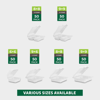 Freshware Clamshell Food Containers with Lids [9x9"] 3-Compartment 50-Pack, Disposable To Go Containers, Biodegradable Sugarcane To Go Boxes - Paper Containers - Microwave & Freezer Safe, Stackable
