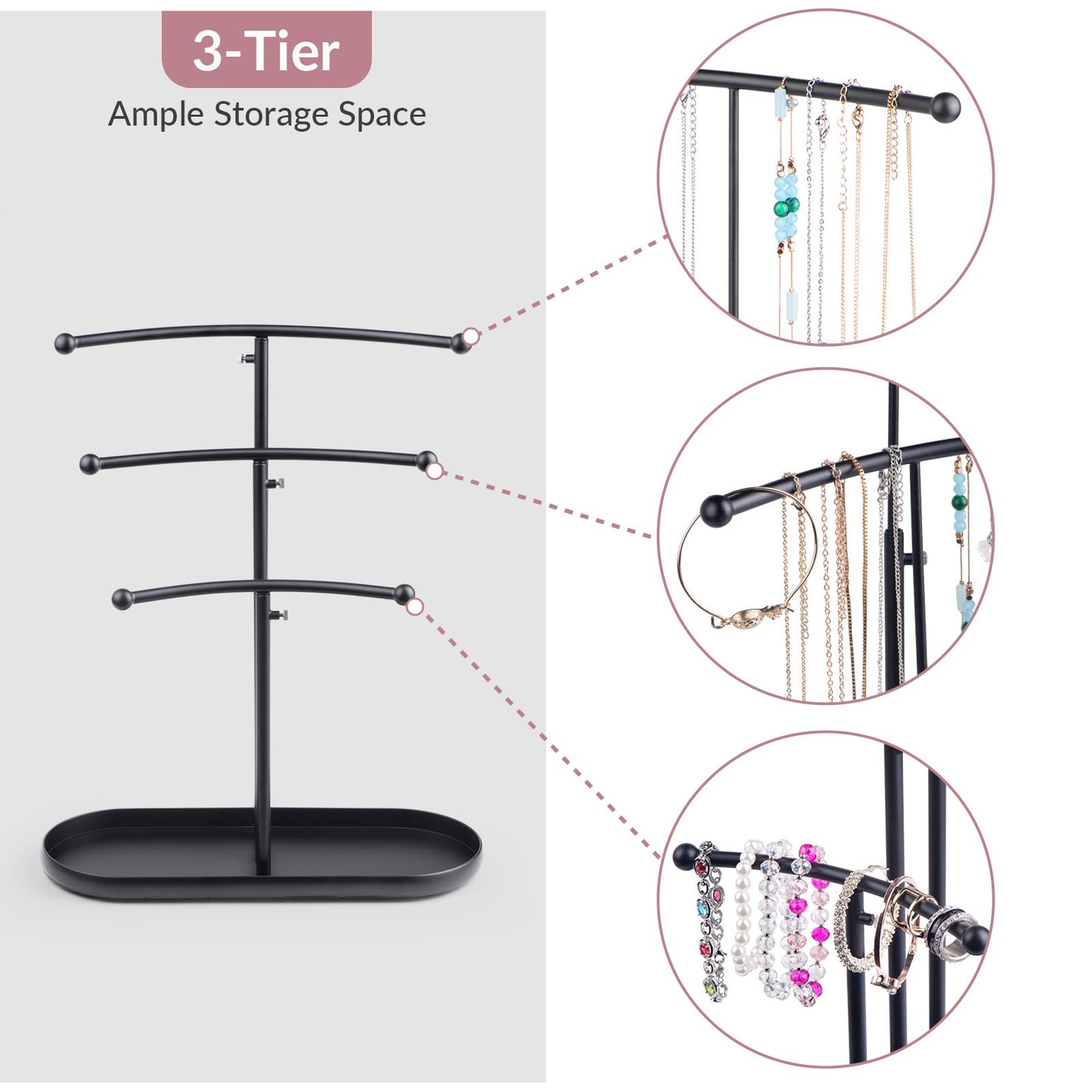 SZQINJI Jewelry Stand Organizer, Metal Jewelry Tree Holder 3-Tier Jewelry Storage Tower for Necklace Display, Earring Hanging Black, Christmas Gift