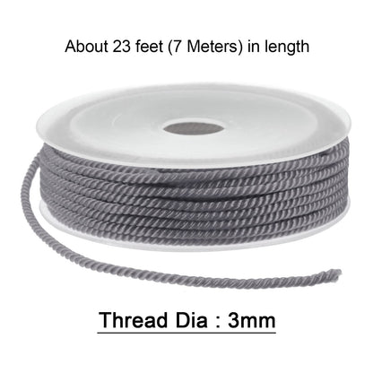 HARFINGTON Twisted Nylon Twine Thread Beading Cord 3mm 7M/23 Feet Extra-Strong Braided Nylon String for Crafting Bracelets Jewelry Making, Grey