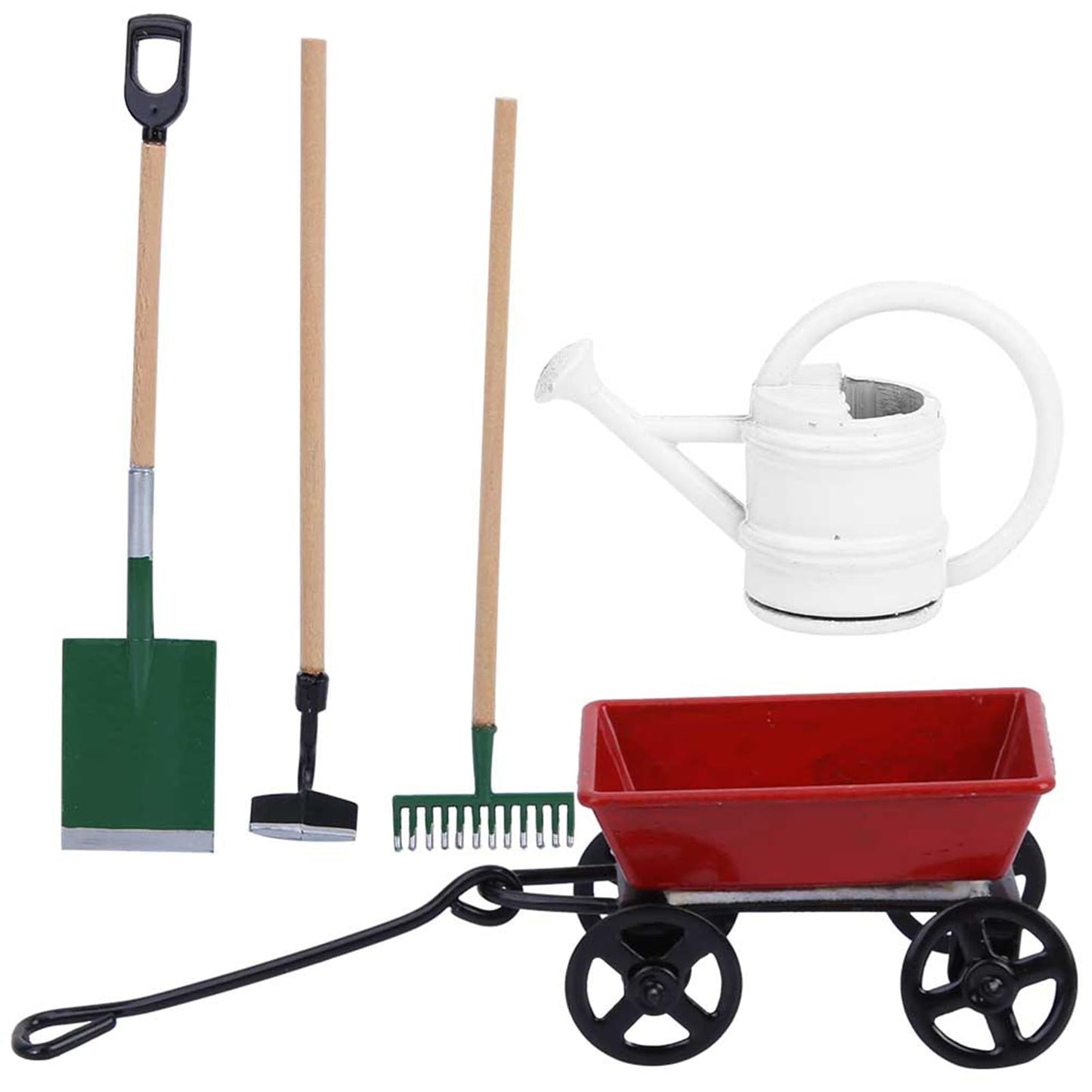 Fayelume Miniature Garden Tools, 5 Pcs of Garden Scene Model Mini Garden Tools, Doll House 1/12 Scale Accessories, Spade Pestle Rake Cart and Kettle for Doll House Garden Decor Accessories