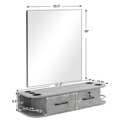 BarberPub Locking Wall Mount Styling Barber Station with Mirror Beauty Spa Salon Furniture,6154-5012-mirror (Gold&Grey)
