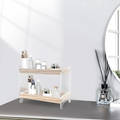 Bathroom Countertop Organizer, 2-Tier Wood Shelf for Cosmetic Storage, Acrylic Standing Rack for Home