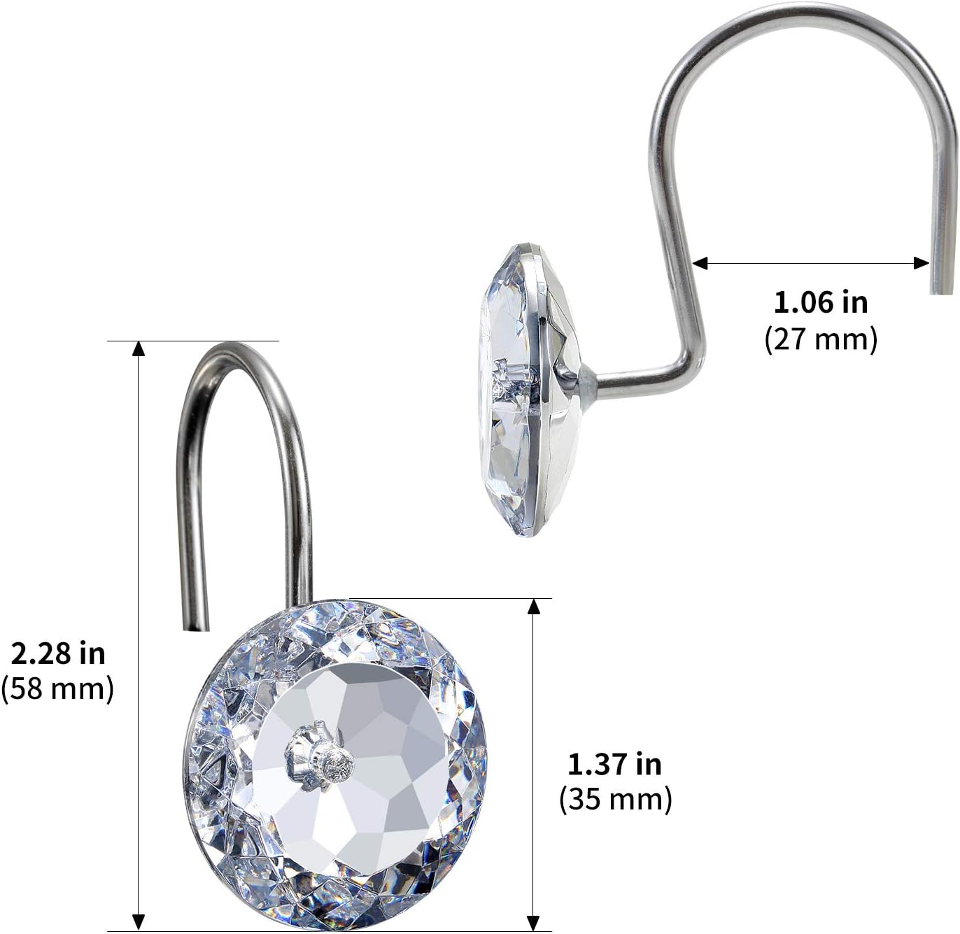 CHICTIE Set of 12 Crystal Decorative Shower Curtain Hooks, Stainless Steel Rust Resistant White Round Diamond