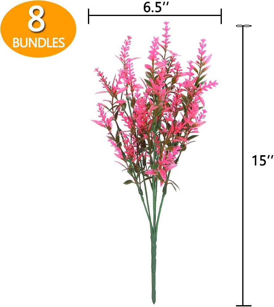 GREENRAIN 8 Bundles Artificial Lavender Flowers, UV Resistant Faux Plastic Plants for Garden, Porch, Window Box Décor
