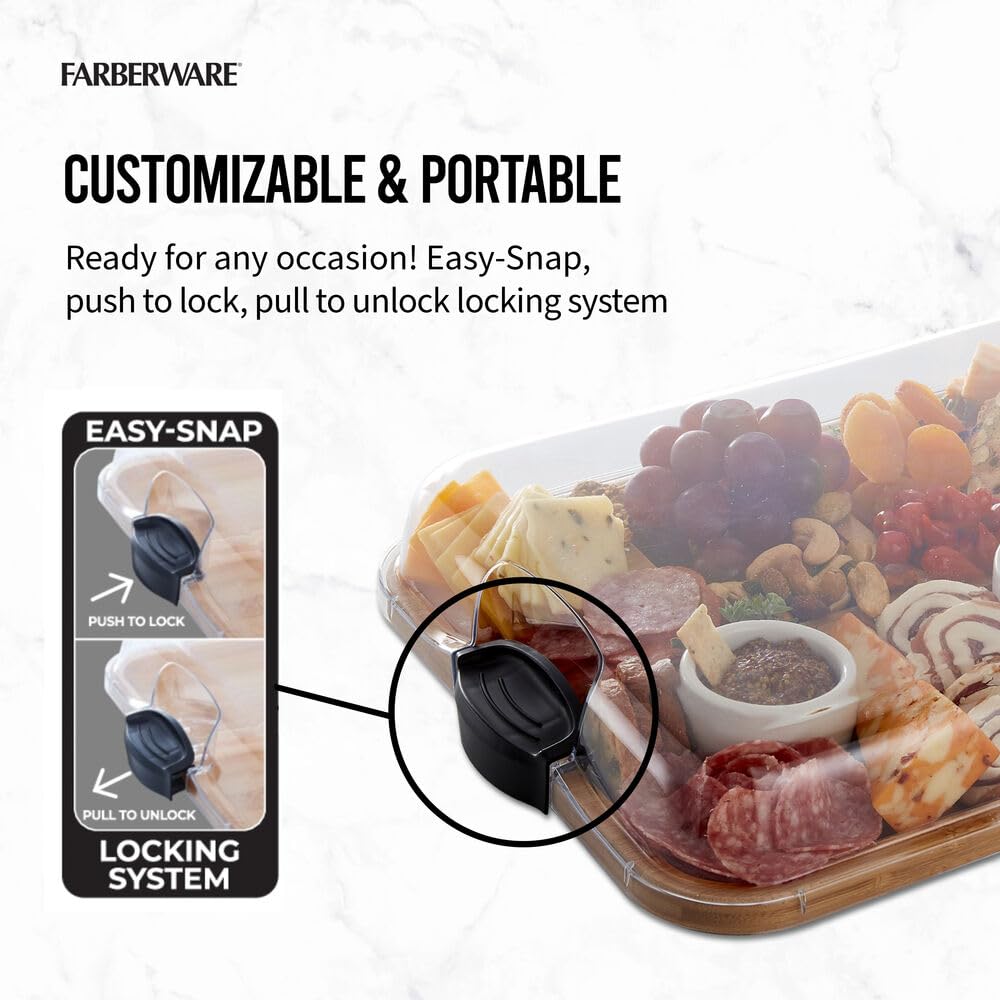 Farberware Build-A-Board Bamboo Cutting Board with Built-In Compartments & Clear Locking Lid, Black Handles – Charcuterie, Snack Tray, Food Prep and Serving Platter