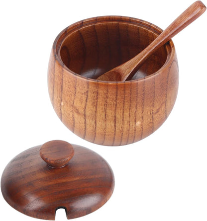 AYNEFY Solid Wood Spice Jar, Sugar Salt Pepper Storage Bowl with Spoon and Lid for Home Restaurant Food Shop